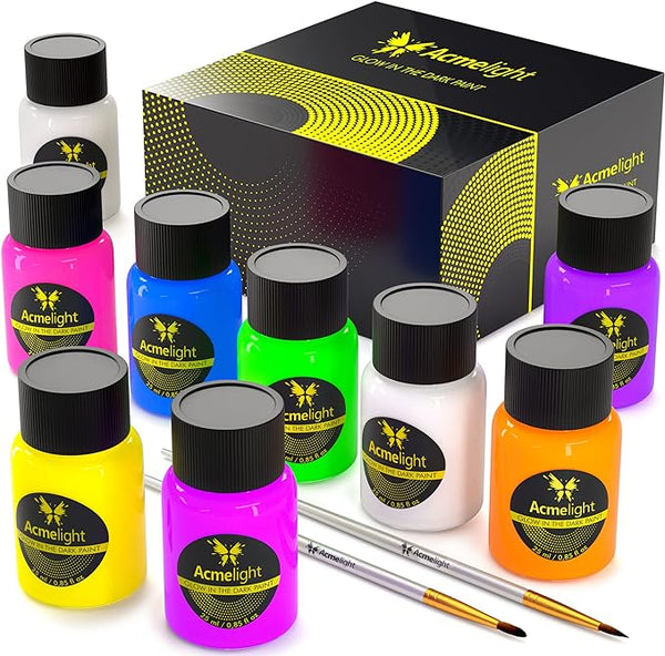 Acmelight Glow Paint – 9-Color UV Acrylic Paint Set (Shimmery Finish)