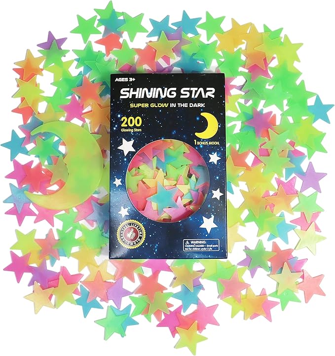 Shining Star Stickers – 200 Glow-in-the-Dark 3D Stars & Moon (Multicolor Set)