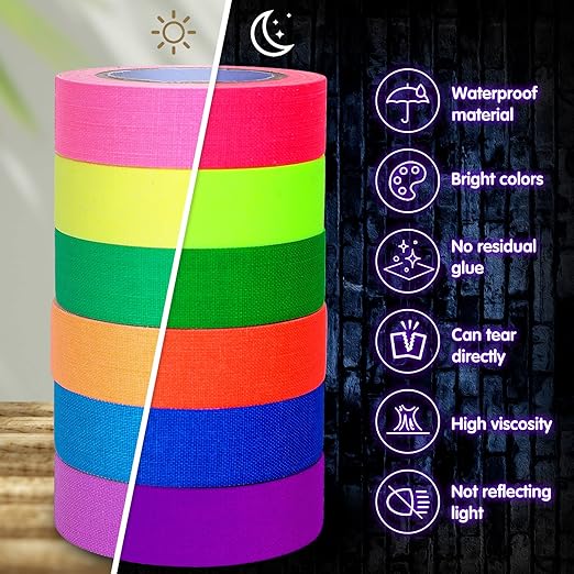 Neon Glow Gaffer Tape – 6 Color UV-Reactive Set (15mm x 5m)