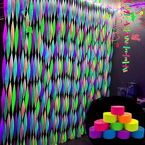 UV Glow Crepe Paper Streamers – 6 Neon Rolls (600 ft total)